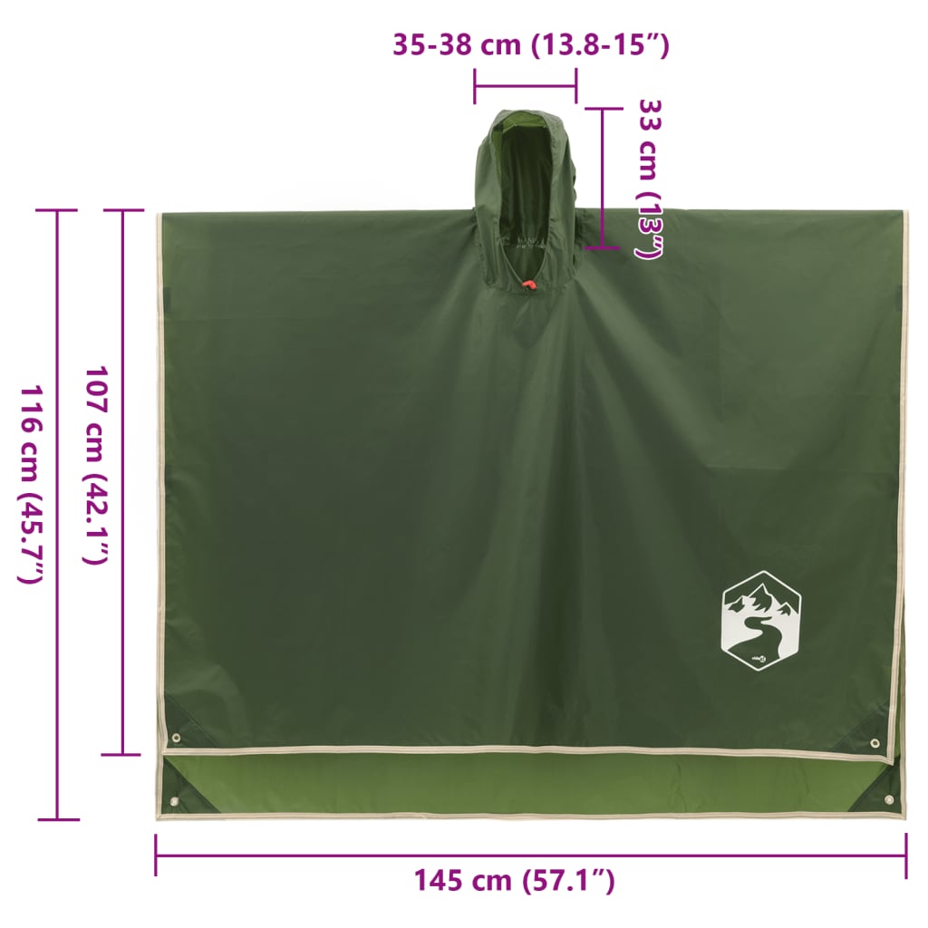 Ponczo Przeciwdeszczowe Z Kapturem, 2-W-1, Zielone, 223X145 Cm