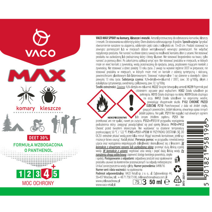Spray na komary, kleszcze, meszki z PANTHENOLEM i DEET 30% 50 ml VACO MAX