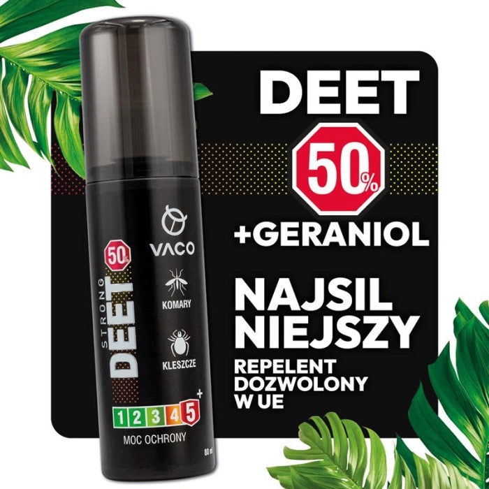 Spray na kleszcze, komary i meszki DEET 50% + Geraniol Płyn 80ml VACO STRONG