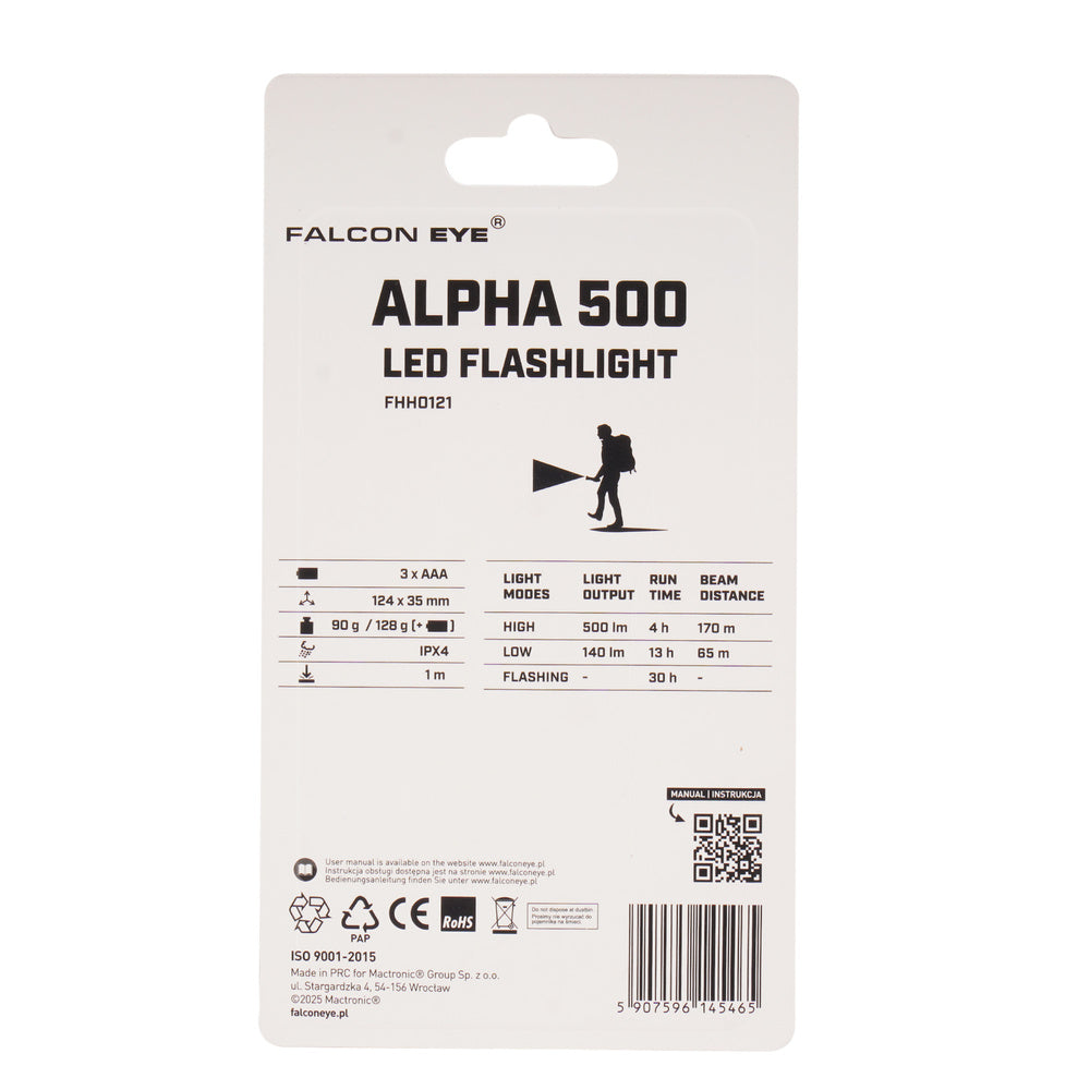 Latarka ręczna Falcon Eye Alpha 500 - Strobe - Focus - 500 lm - Czarna