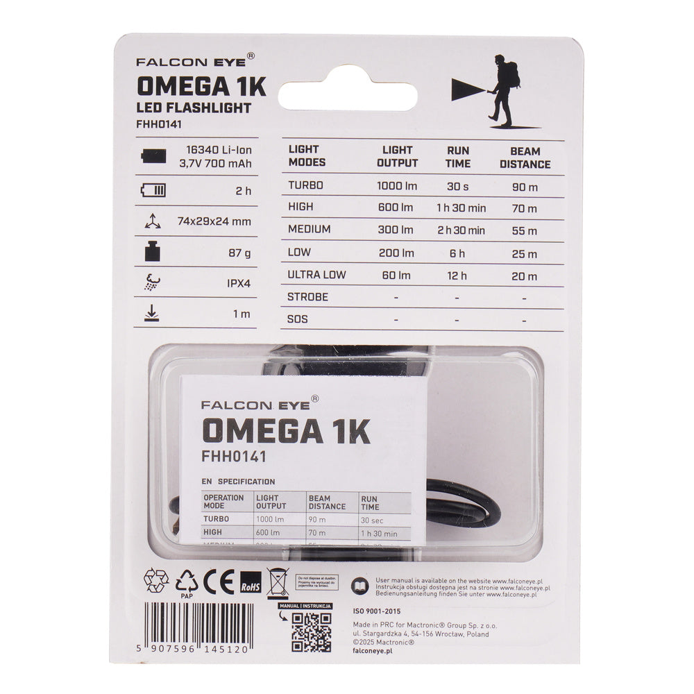 Latarka ręczna Falcon Eye Omega 1K - Strobe - 1000 lm - Czarna/Czerwona