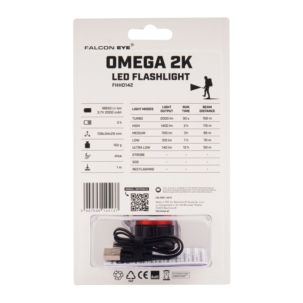 Latarka ręczna Falcon Eye Omega 2K - Strobe - 2000 lm - Czarna/Czerwona