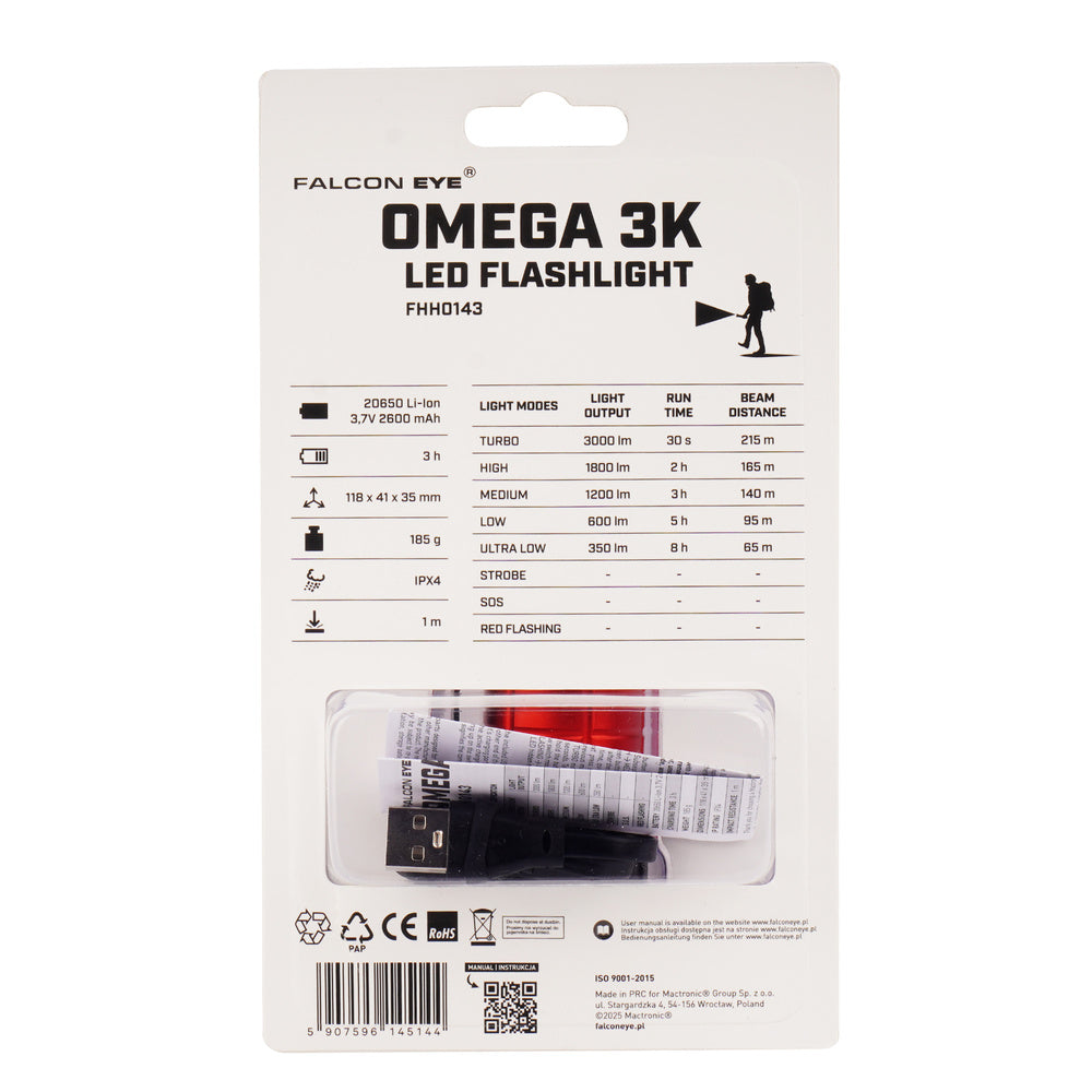 Latarka ręczna Falcon Eye Omega 3K - Strobe - 3000 lm - Czarna/Czerwona